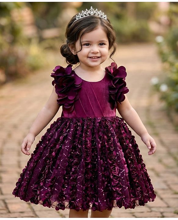 Babyhug Woven Frill Sleeves Party Dress with Corsage - Wine