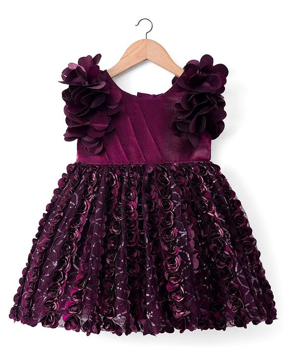 Babyhug Woven Frill Sleeves Party Dress with Corsage - Wine