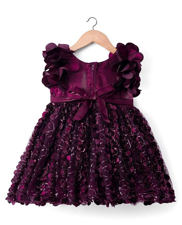 Babyhug Woven Frill Sleeves Party Dress with Corsage - Wine