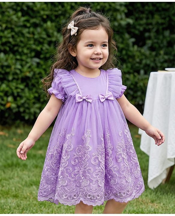 Babyhug Woven Half Puffed Sleeves Party Dress with Embroidery & Bow Applique - Lavender