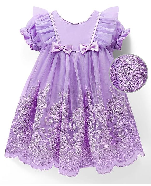 Babyhug Woven Half Puffed Sleeves Party Dress with Embroidery & Bow Applique - Lavender
