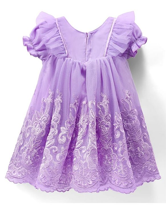 Babyhug Woven Half Puffed Sleeves Party Dress with Embroidery & Bow Applique - Lavender
