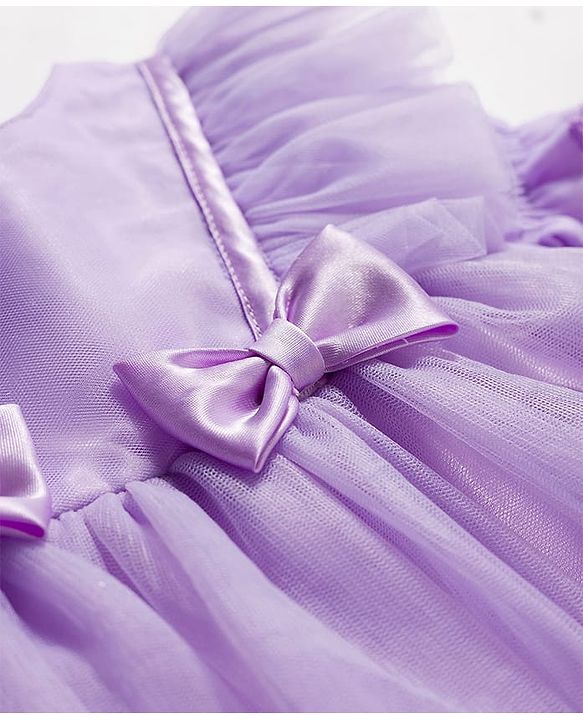 Babyhug Woven Half Puffed Sleeves Party Dress with Embroidery & Bow Applique - Lavender