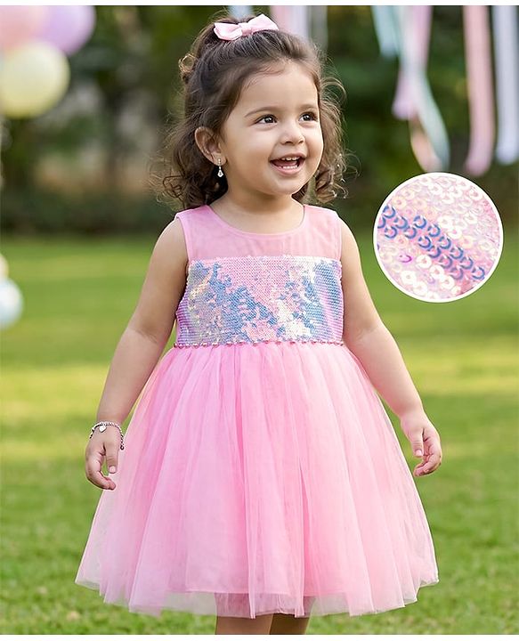 Babyhug Woven Sleeveless Party Dress with Sequin Detailing - Pink