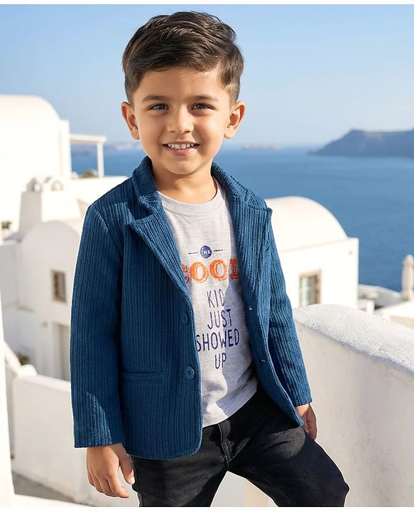 Babyhug Cotton Knit Full Sleeves Solid Party Blazer With Printed Inner Tee - Teal Blue