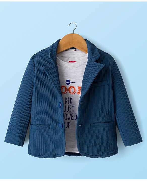 Babyhug Cotton Knit Full Sleeves Solid Party Blazer With Printed Inner Tee - Teal Blue