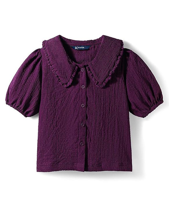 Pine Kids Woven Half Puffed Sleeves Top With Textured Design - Purple