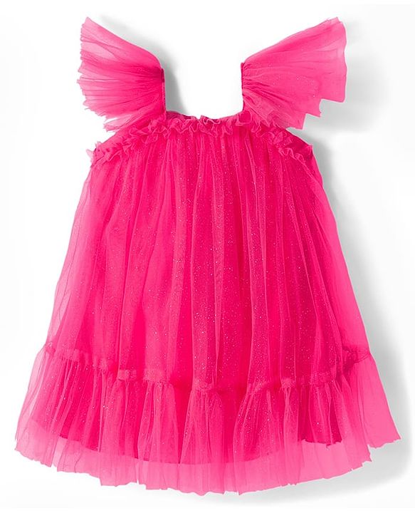 Babyhug Mesh Woven Frill Sleeves Party Dress With Glitter Print - Red