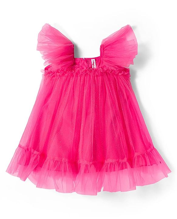 Babyhug Mesh Woven Frill Sleeves Party Dress With Glitter Print - Red