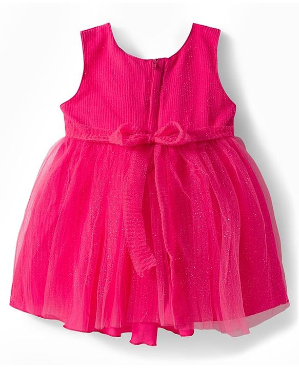 Babyhug Mesh Woven Sleeveless Party Dress With Glitter Print & Bow Applique - Red