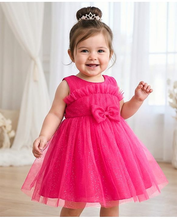 Babyhug Mesh Woven Sleeveless Party Dress With Glitter Print & Bow Applique - Red