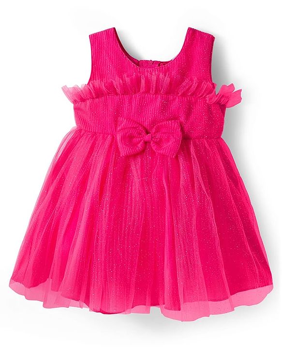 Babyhug Mesh Woven Sleeveless Party Dress With Glitter Print & Bow Applique - Red