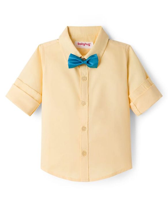 Babyhug Cotton Woven Full Sleeves Solid Color Party Shirt With Bow - Yellow