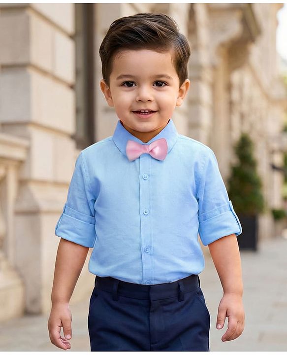 Babyhug Cotton Woven Full Sleeves Solid Color Party Shirt With Bow - Blue