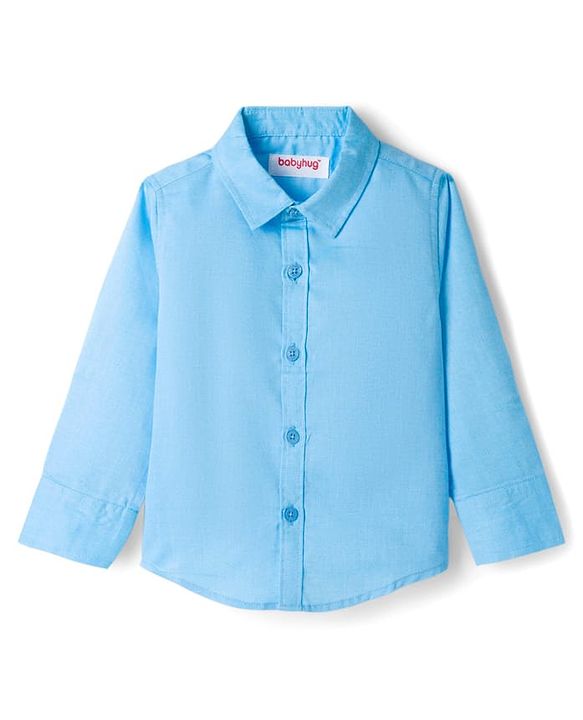 Babyhug Cotton Woven Full Sleeves Solid Color Party Shirt With Bow - Blue