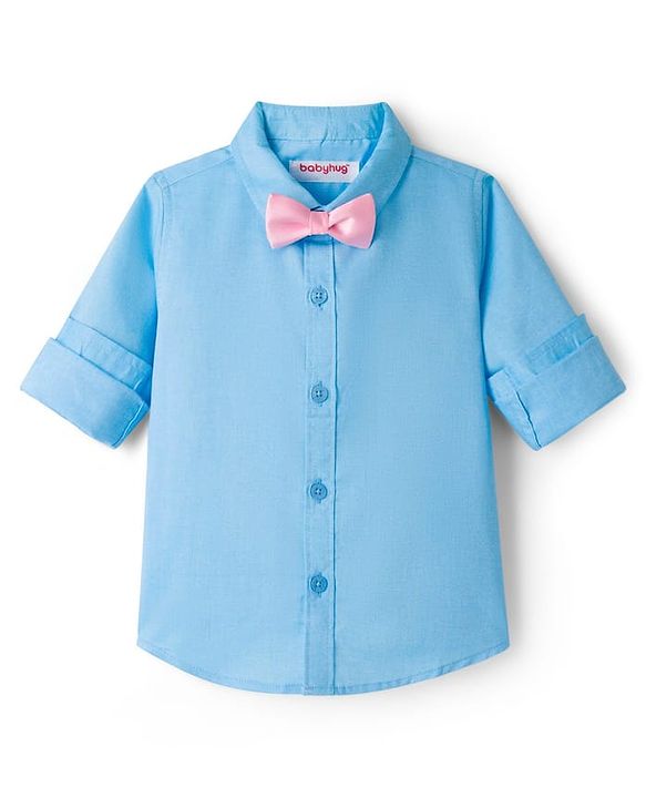 Babyhug Cotton Woven Full Sleeves Solid Color Party Shirt With Bow - Blue