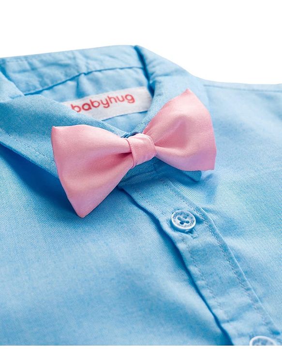 Babyhug Cotton Woven Full Sleeves Solid Color Party Shirt With Bow - Blue