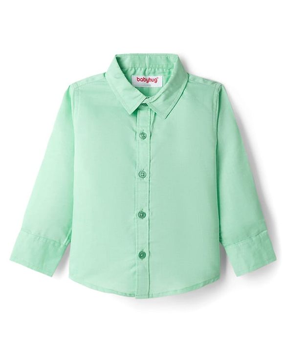 Babyhug Cotton Woven Full Sleeves Solid Color Party Shirt With Bow - Light Green