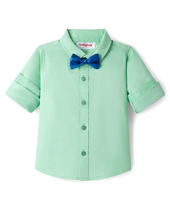 Babyhug Cotton Woven Full Sleeves Solid Color Party Shirt With Bow - Light Green