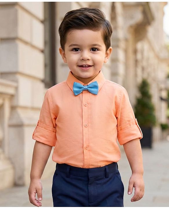 Babyhug Cotton Woven Full Sleeves Solid Color Party Shirt With Bow - Orange