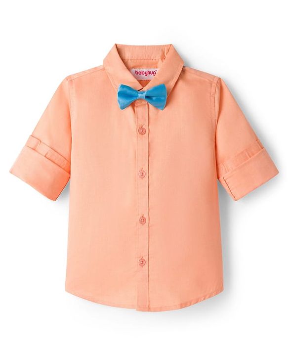 Babyhug Cotton Woven Full Sleeves Solid Color Party Shirt With Bow - Orange