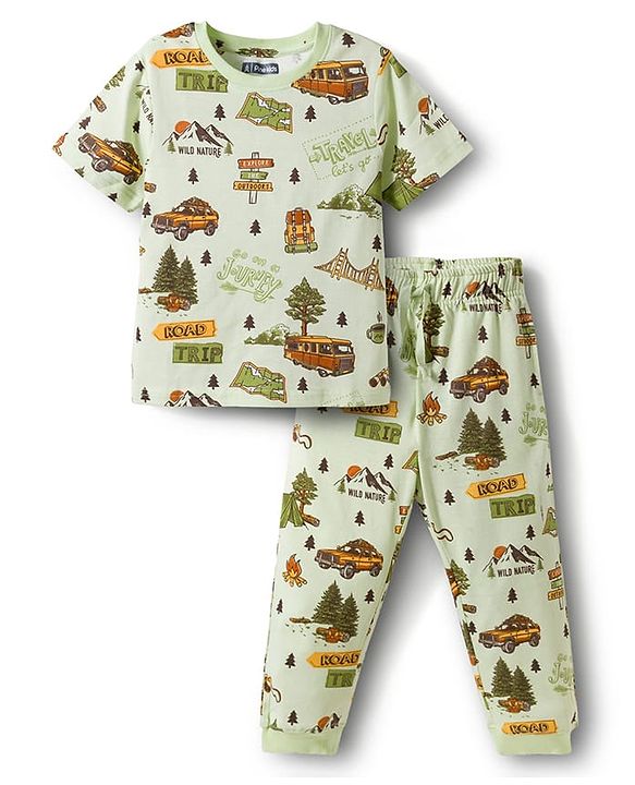 Pine Kids Single Jersey Knit Half Sleeves T-Shirt & Lounge Pant With Vehicle Print - Cream
