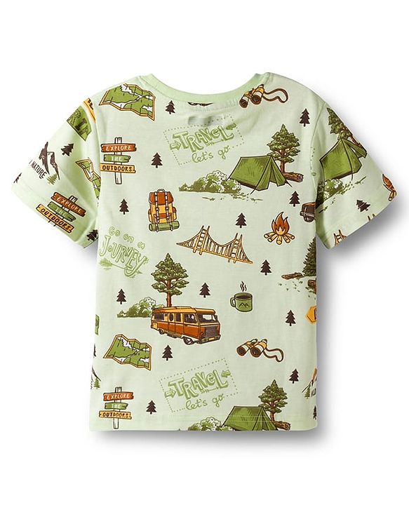 Pine Kids Single Jersey Knit Half Sleeves T-Shirt & Lounge Pant With Vehicle Print - Cream