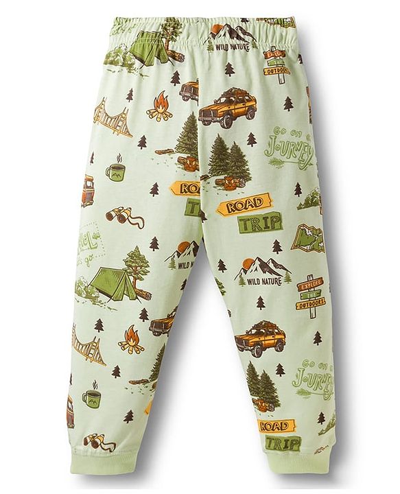 Pine Kids Single Jersey Knit Half Sleeves T-Shirt & Lounge Pant With Vehicle Print - Cream