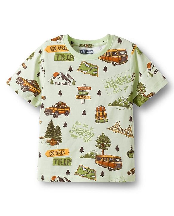 Pine Kids Single Jersey Knit Half Sleeves T-Shirt & Lounge Pant With Vehicle Print - Cream