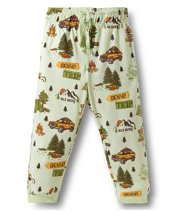 Pine Kids Single Jersey Knit Half Sleeves T-Shirt & Lounge Pant With Vehicle Print - Cream