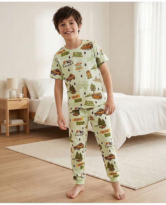 Pine Kids Single Jersey Knit Half Sleeves T-Shirt & Lounge Pant With Vehicle Print - Cream