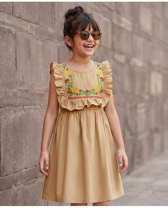 Pine Kids Cotton Woven Frill Sleeves Frock With Floral Embroidery - Tan
