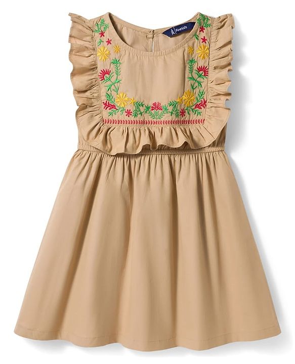 Pine Kids Cotton Woven Frill Sleeves Frock With Floral Embroidery - Tan