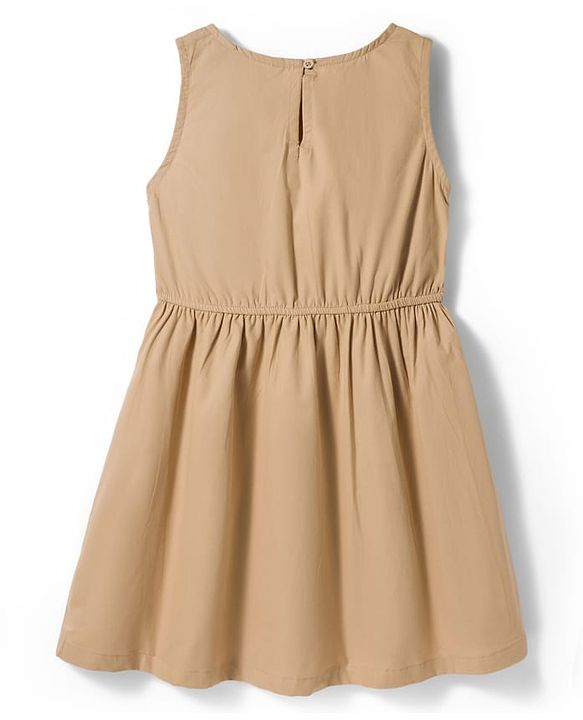 Pine Kids Cotton Woven Frill Sleeves Frock With Floral Embroidery - Tan