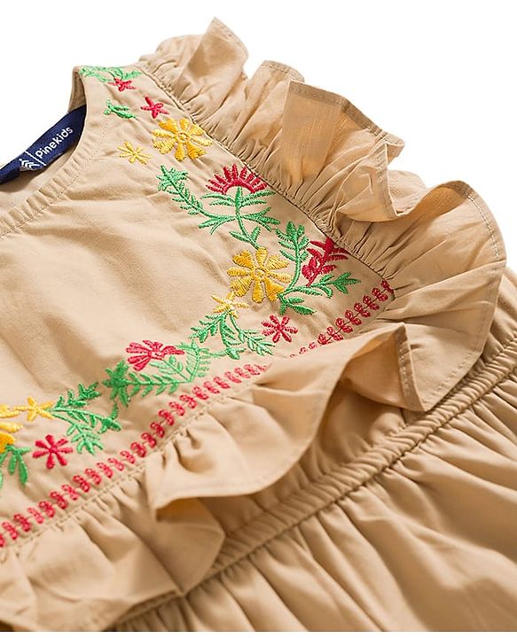 Pine Kids Cotton Woven Frill Sleeves Frock With Floral Embroidery - Tan