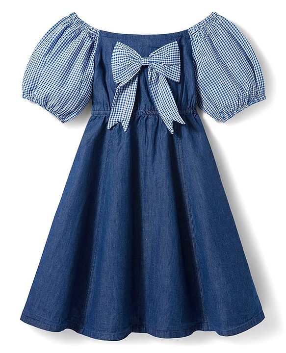 Pine Kids Cotton Woven Half Sleeves Off Shoulder Frock With Bow Applique - Blue