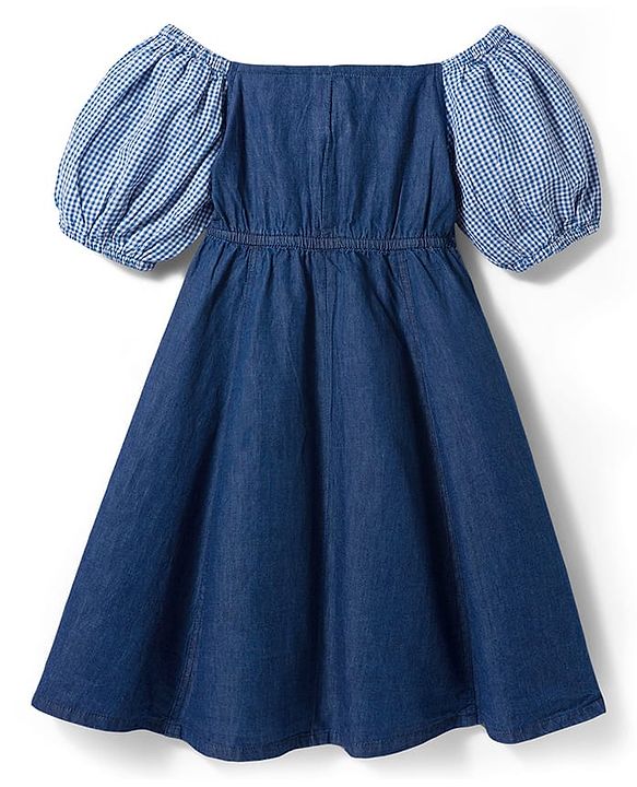 Pine Kids Cotton Woven Half Sleeves Off Shoulder Frock With Bow Applique - Blue