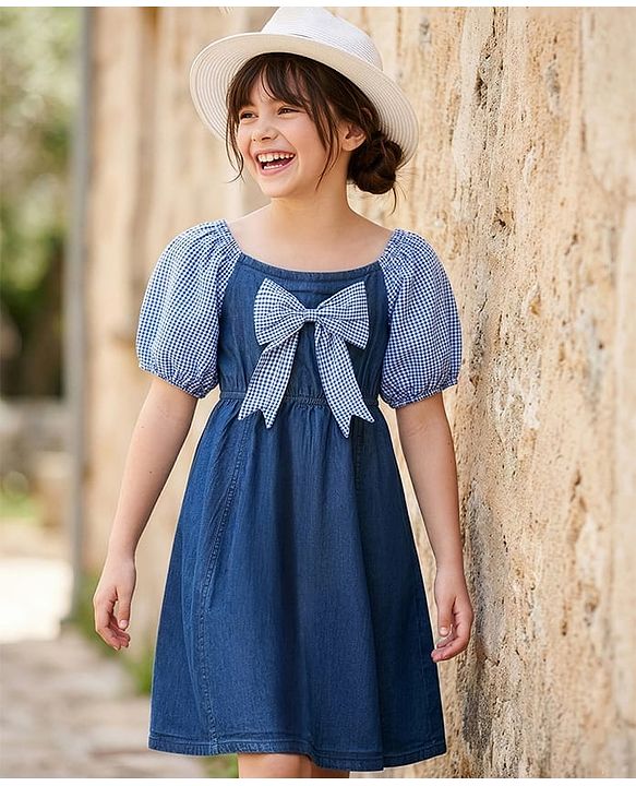 Pine Kids Cotton Woven Half Sleeves Off Shoulder Frock With Bow Applique - Blue