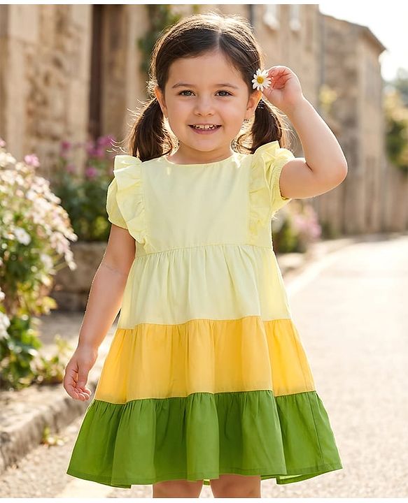 Babyhug Cotton Woven Half Sleeves Color Blocked Frock - Multicolor