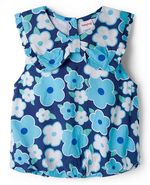 Babyhug Woven Sleeveless Floral Printed Peter Pan Collar Top - Blue