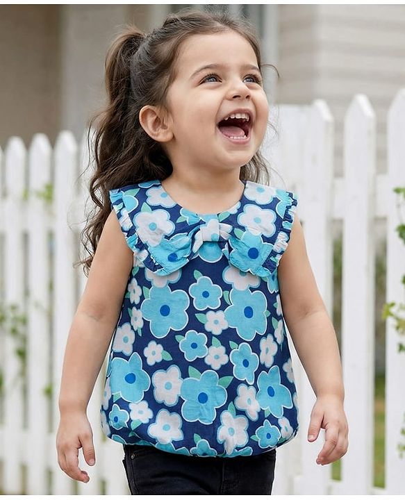 Babyhug Woven Sleeveless Floral Printed Peter Pan Collar Top - Blue