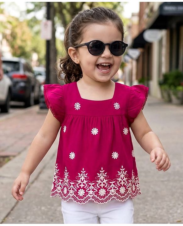 Babyhug Woven Half Sleeves Top With Floral Embroidery - Maroon