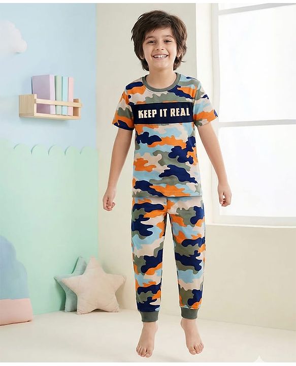 Pine Kids 100% Cotton Knit Half Sleeves Camouflage Printed Co-Ords T-Shirt & Pyjama Night Suit - Multicolour