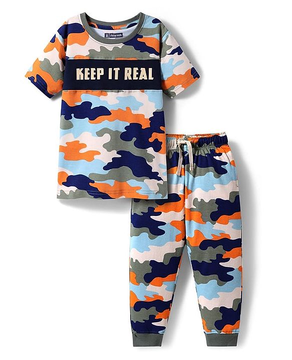 Pine Kids 100% Cotton Knit Half Sleeves Camouflage Printed Co-Ords T-Shirt & Pyjama Night Suit - Multicolour