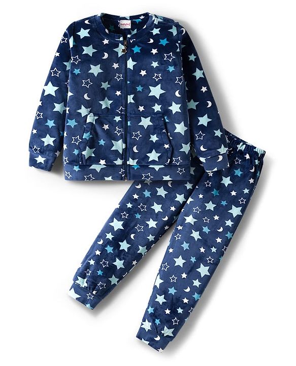 Babyhug Velour Woven Full Sleeves Co-ords Winter Wear Suit with Star Print - Navy Blue