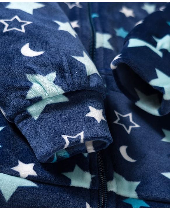 Babyhug Velour Woven Full Sleeves Co-ords Winter Wear Suit with Star Print - Navy Blue