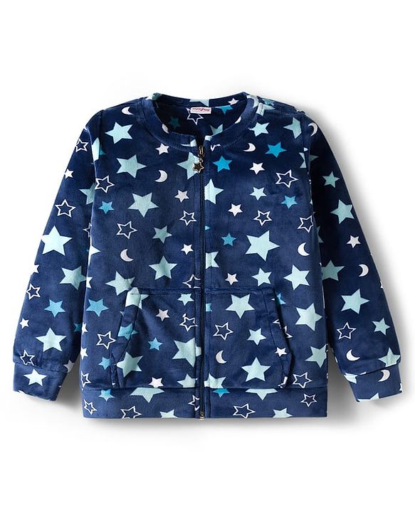 Babyhug Velour Woven Full Sleeves Co-ords Winter Wear Suit with Star Print - Navy Blue