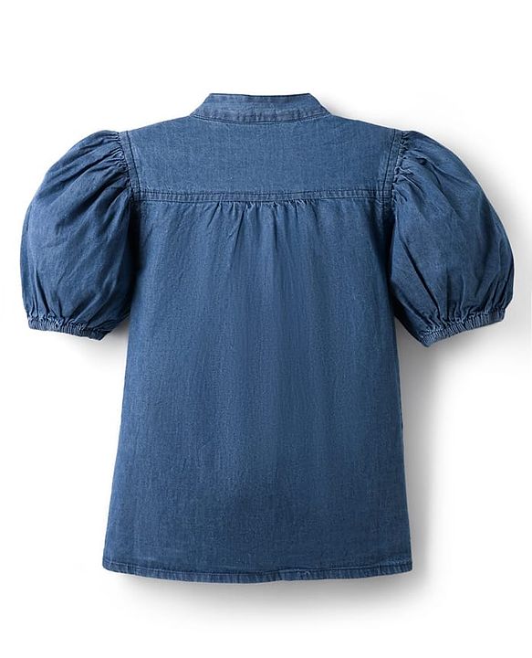 Pine Kids Cotton Woven Half Puffed Sleeves Solid Colour Shirt Style Top - Blue