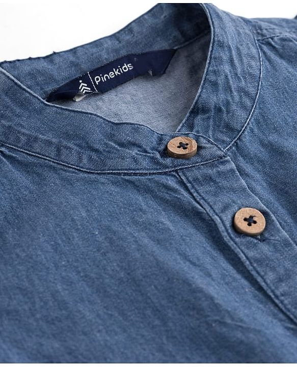 Pine Kids Cotton Woven Half Puffed Sleeves Solid Colour Shirt Style Top - Blue