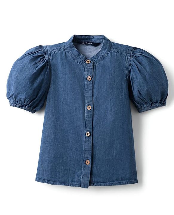 Pine Kids Cotton Woven Half Puffed Sleeves Solid Colour Shirt Style Top - Blue
